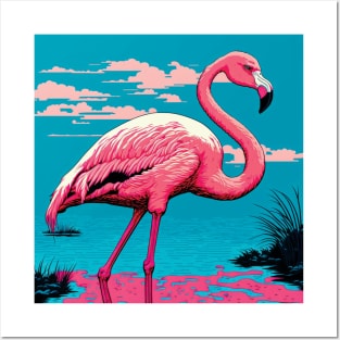 Flamingo in a Lake against Azure Sly with Pink Clouds Posters and Art